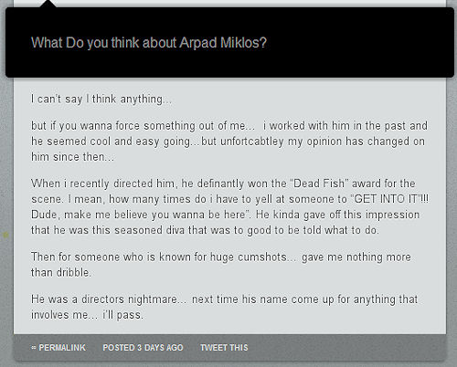 Arpad Miklos a “Dead Fish” according to Erik Rhodes (tip @ Estelle)