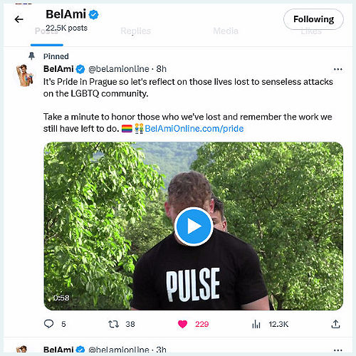 Tweet: BelAmi “It’s Pride in Prague so let’s reflect on those lives lost to senseless attacks on the LGBTQ community.”